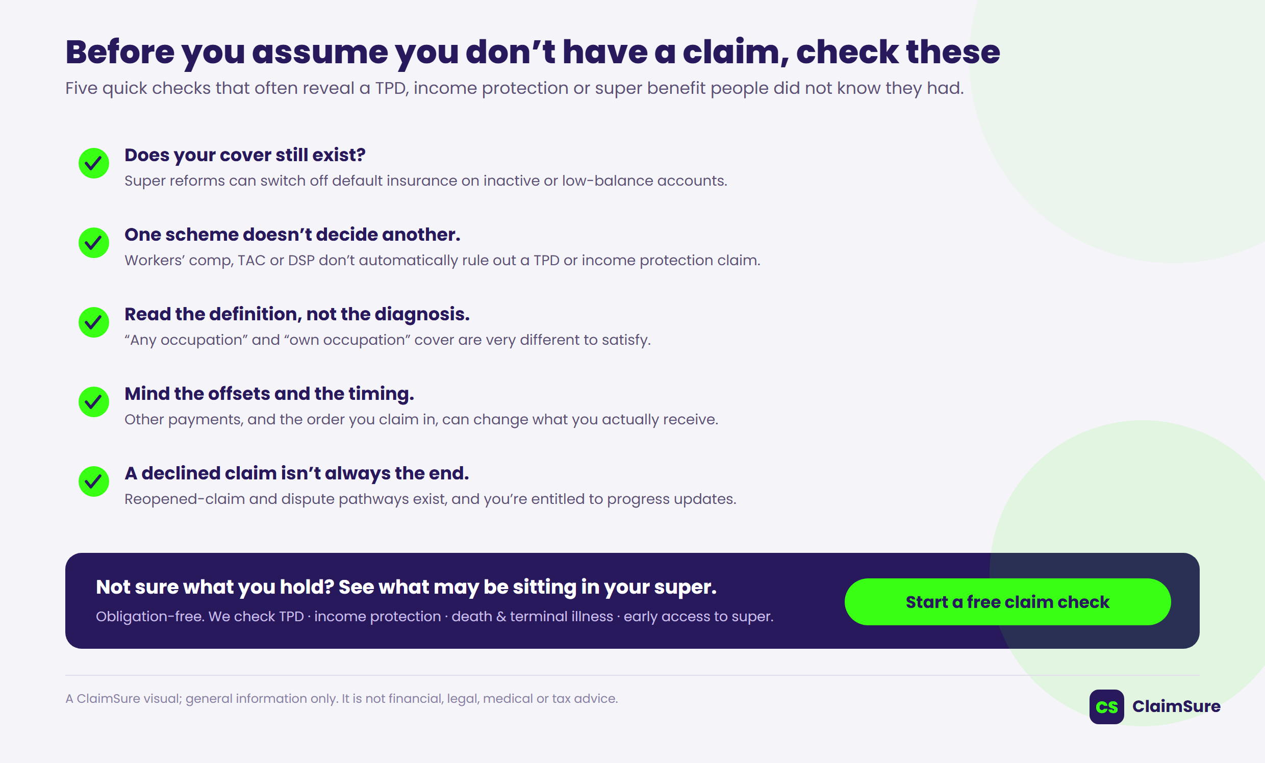 Checklist graphic: before you assume you don't have a claim, check these — does your cover still exist; one scheme doesn't decide another; read the definition not the diagnosis; mind the offsets and the timing; a declined claim isn't always the end — with a prompt to start a free, obligation-free claim check covering TPD, income protection, death and early access to super